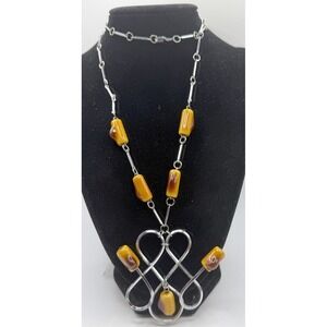 Silver Tone Modern Statement Necklace Amber Beads Sculptural Pendant 28"